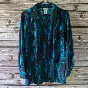 Catherines Women's Long-Sleeved Button-Down Blouse Size 0X Blue Black Aqua‎ NWT